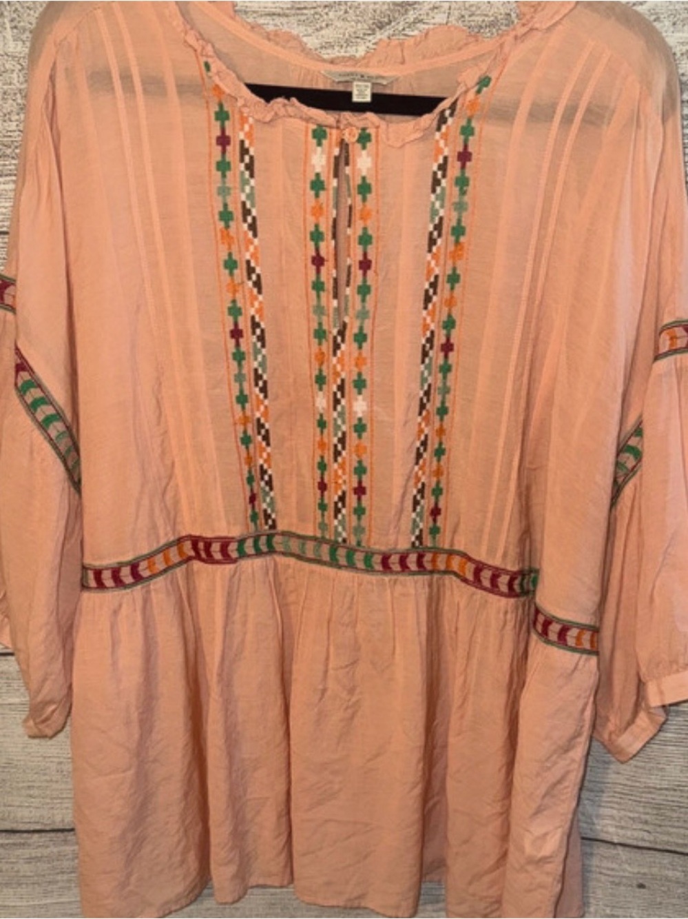 Lucky Brand Peach Embroidered on Tunic Top 3X